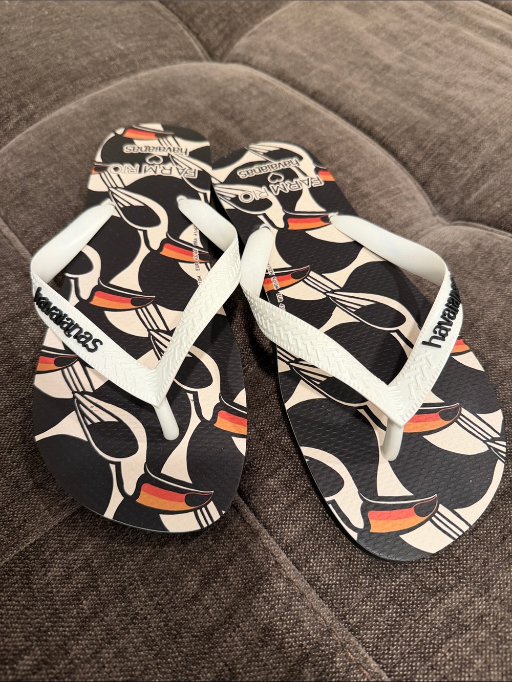Havaianas Farm Rio Black Flip Flops with White Straps and Orange Accents